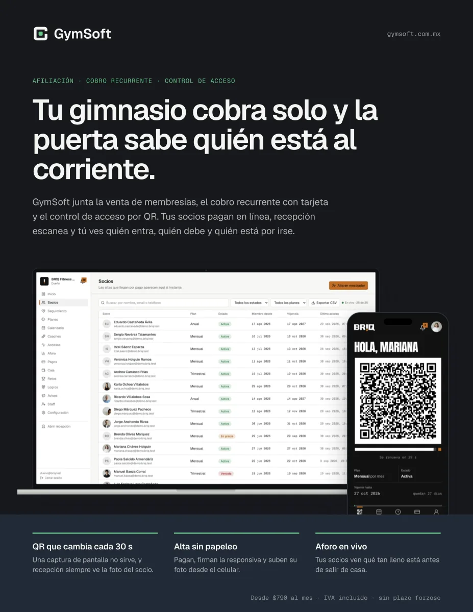 Portada del brochure de GymSoft: título, laptop con el panel y celular con el QR del socio