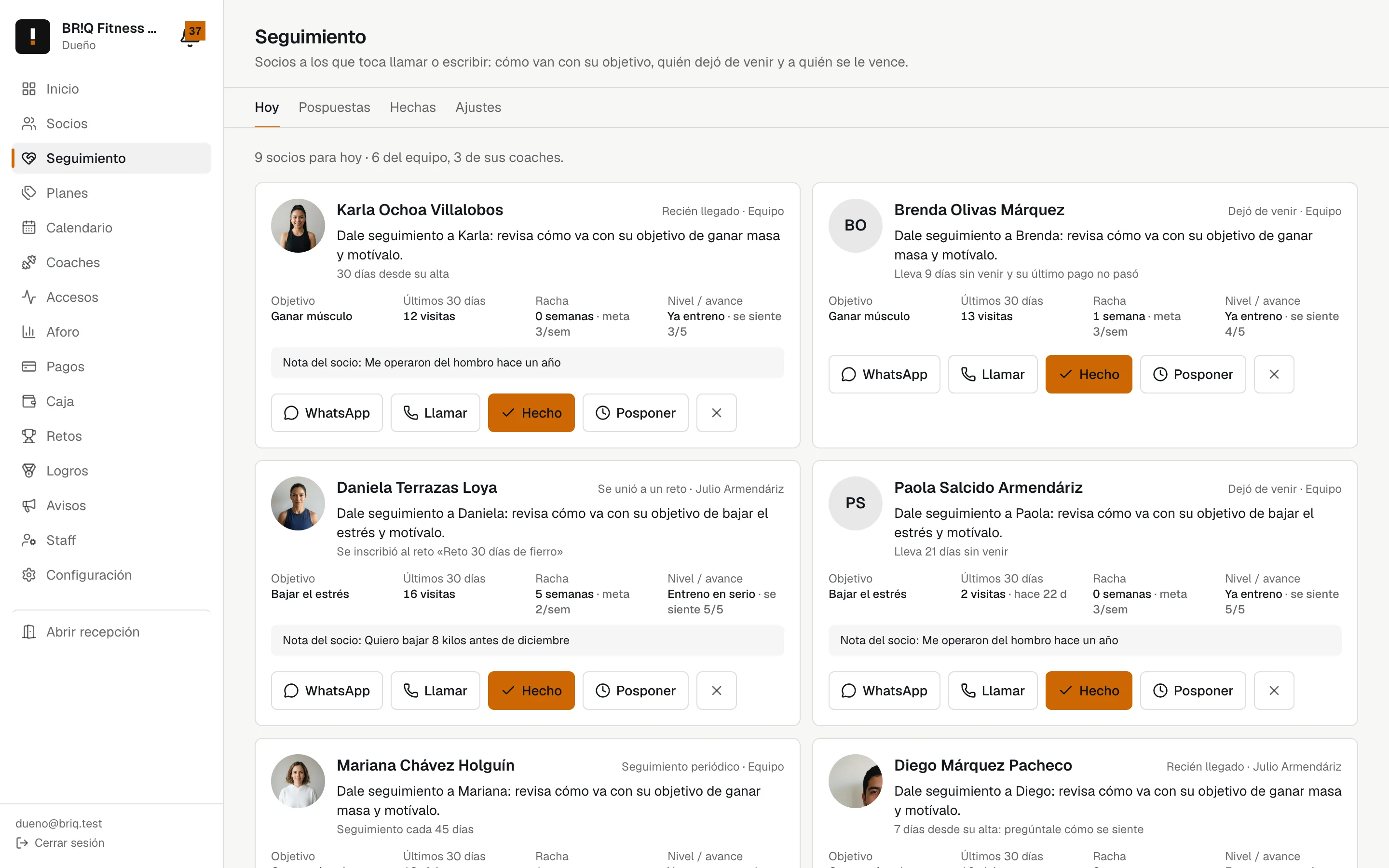 Seguimiento del día: socios a quienes conviene escribir, con su objetivo, visitas y racha
