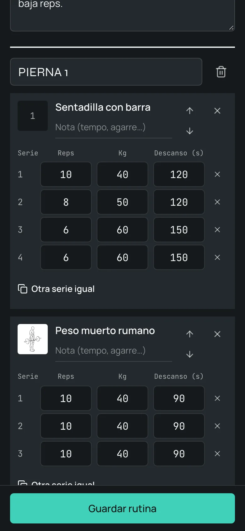 Editor de rutina del coach: cada serie con repeticiones, kilos y descanso