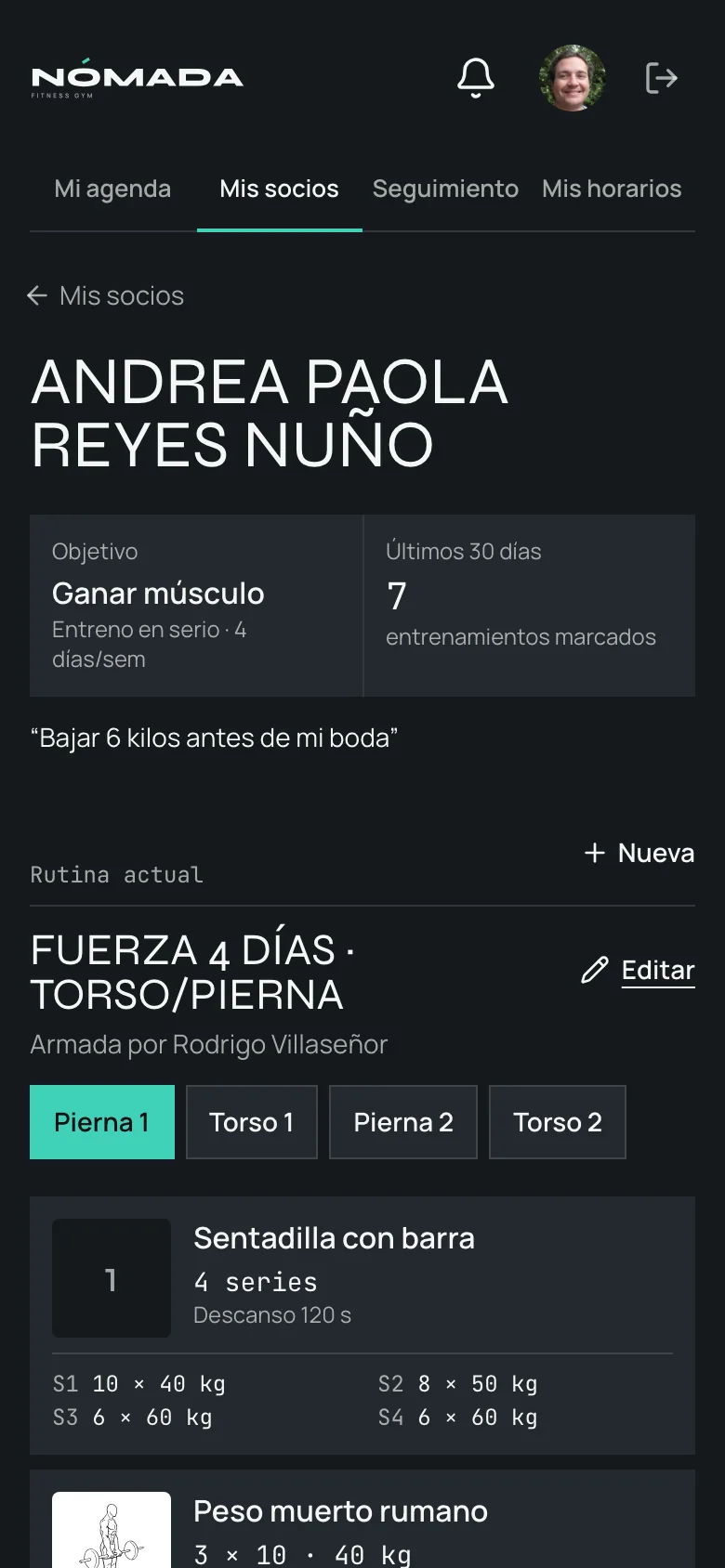 Ficha de la socia para su coach: objetivo, entrenamientos marcados y su rutina actual