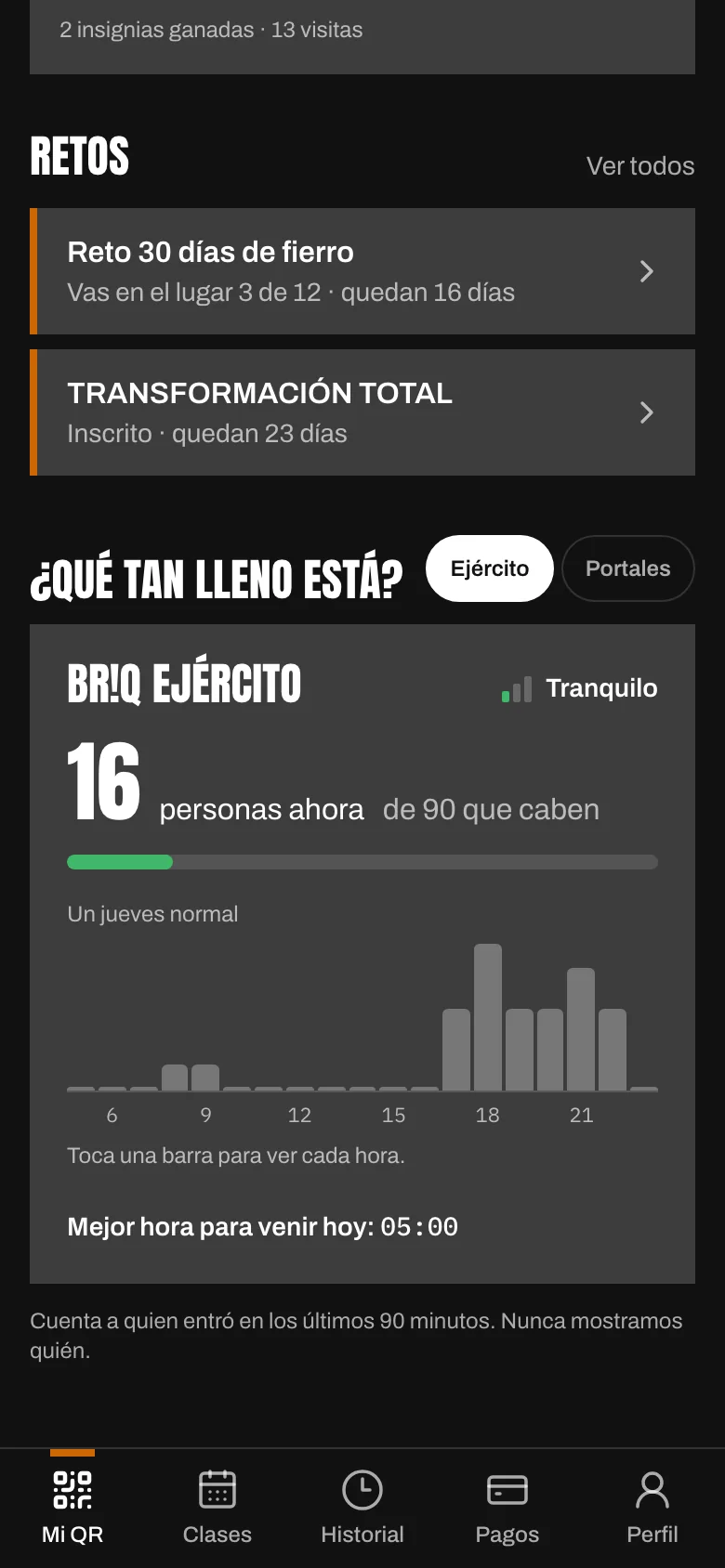 App del socio con qué tan lleno está el gym en este momento, por sede