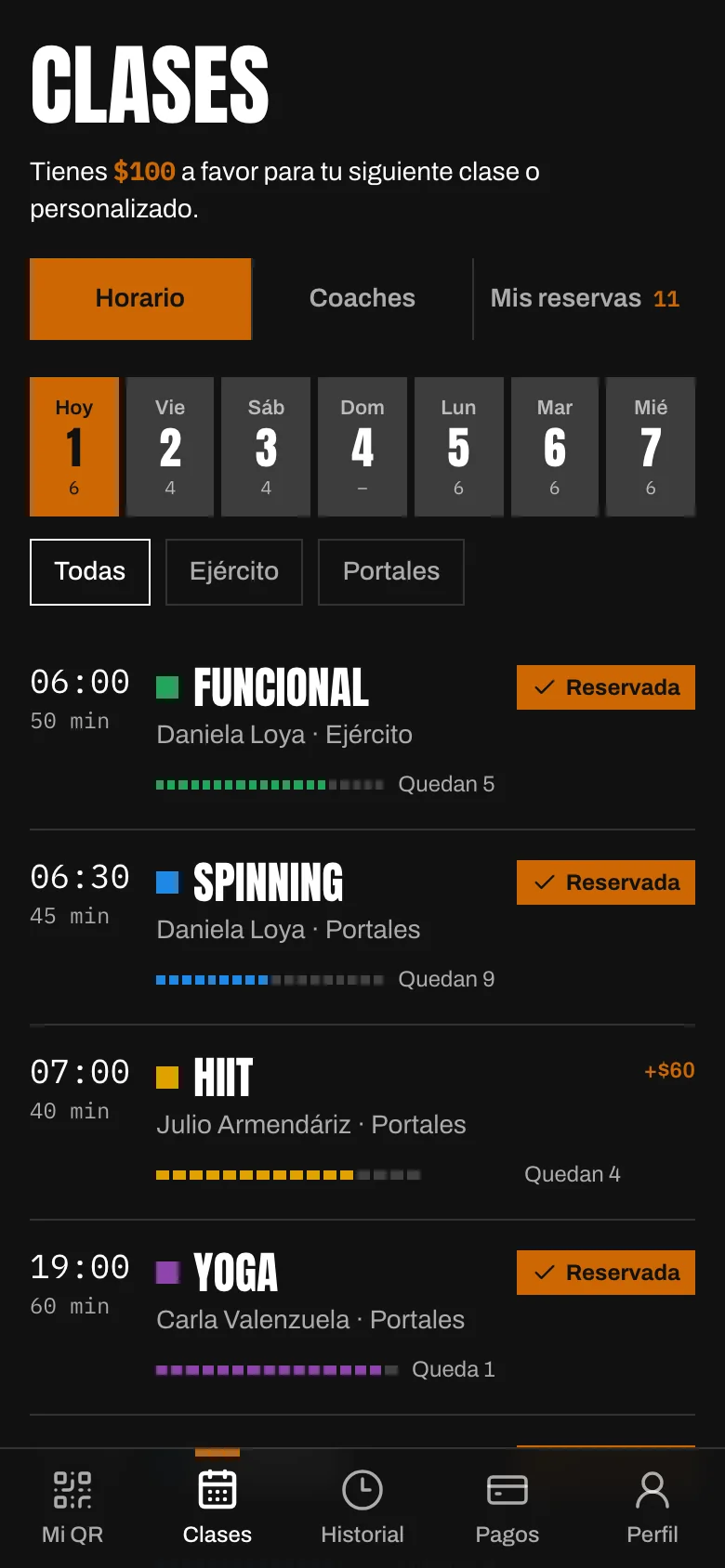 Horario de clases en la app del socio con lugares libres y botón para reservar