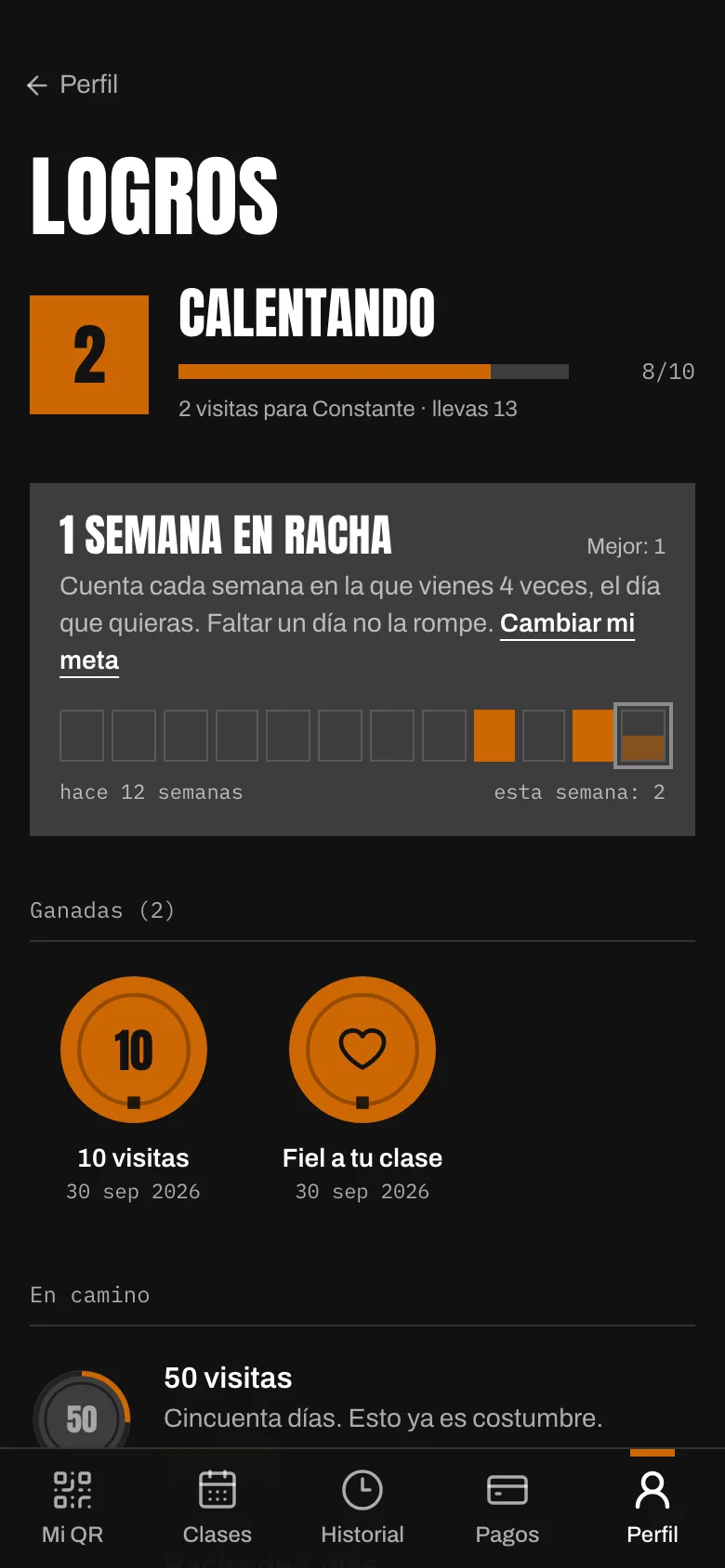 Logros del socio: nivel, racha semanal e insignias ganadas y por ganar