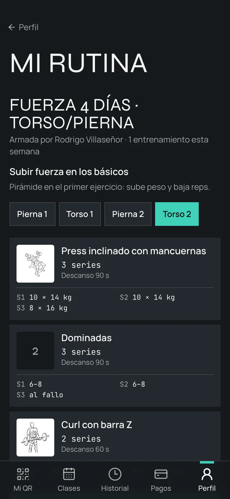 Rutina de la socia en su app con los días, cada ejercicio con sus series y el botón para marcar el día