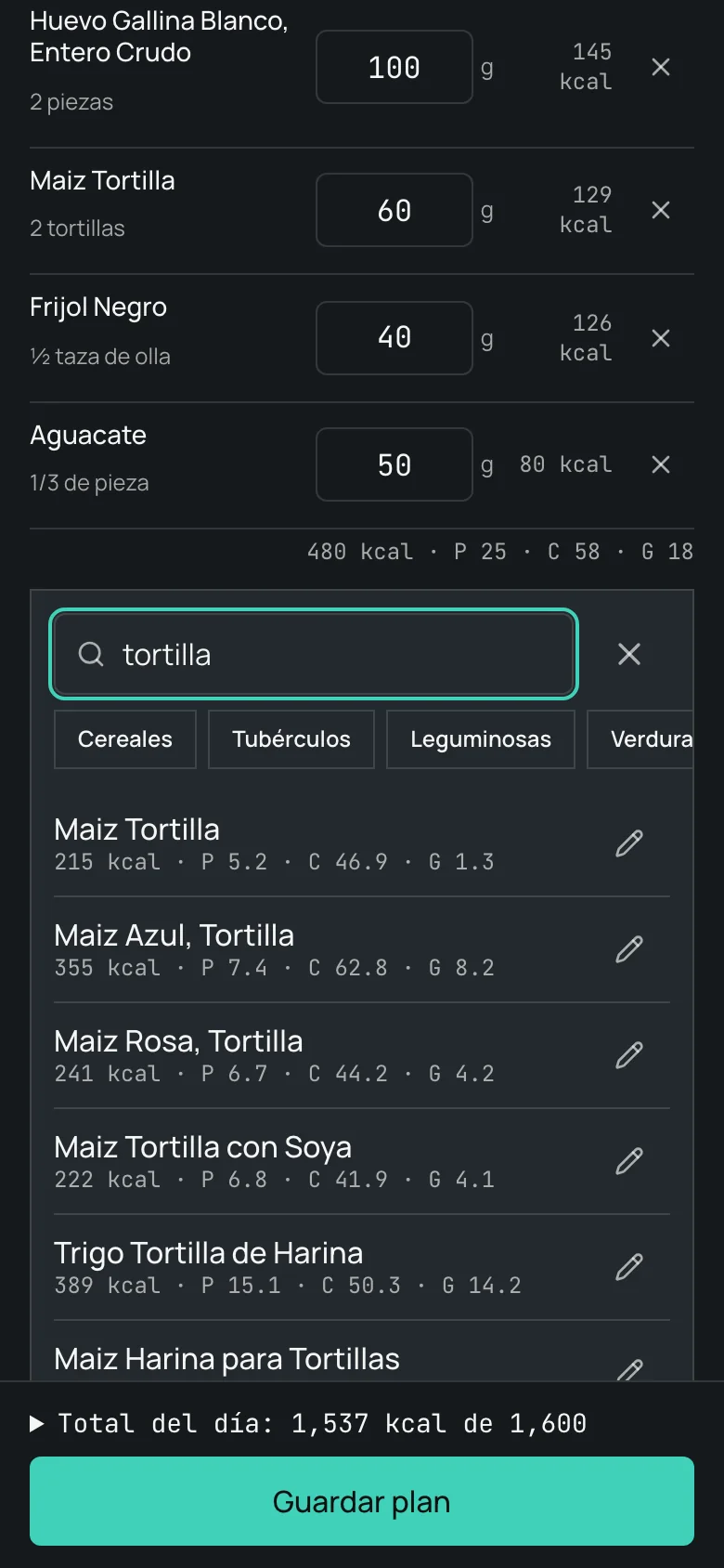 Editor del plan de alimentación: alimentos en gramos y buscador del catálogo mexicano