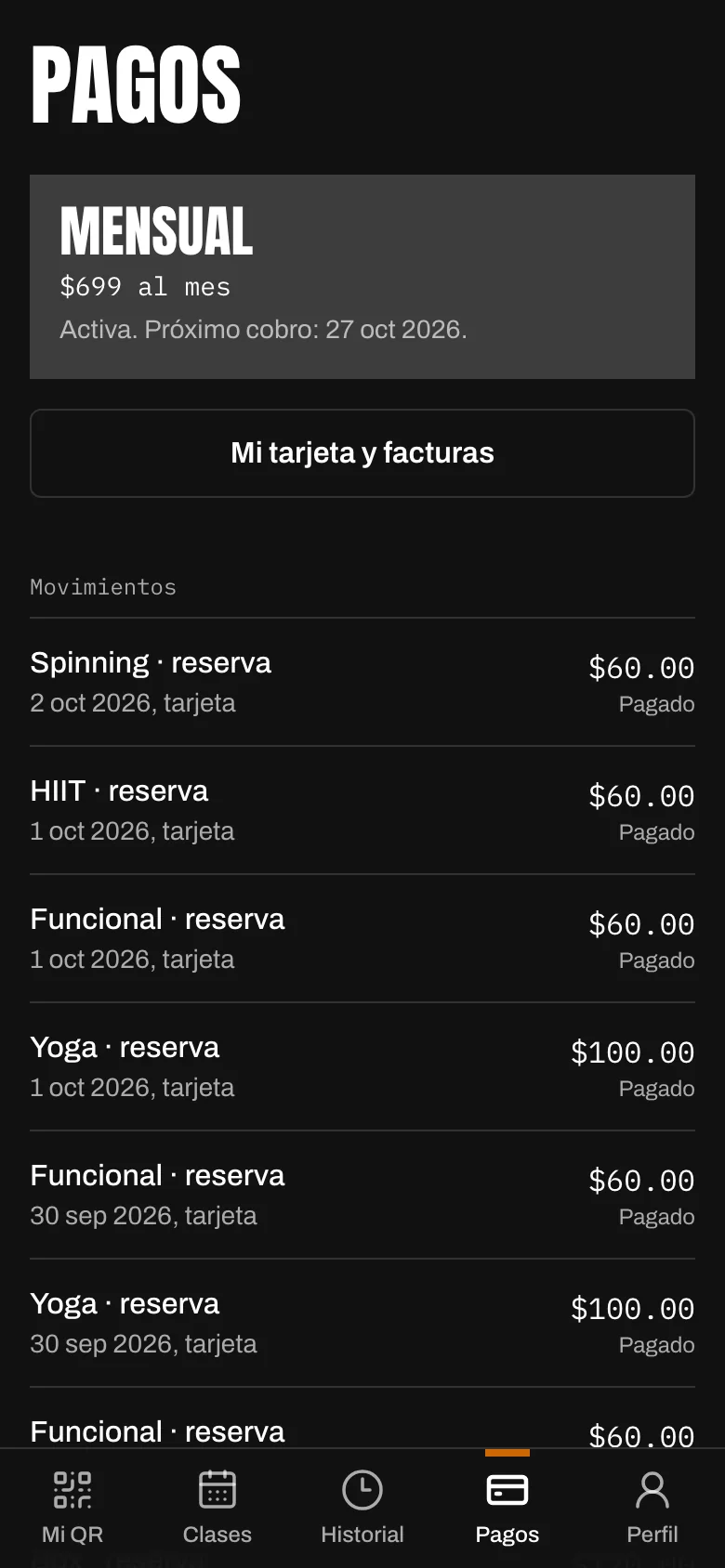 Pagos en la app del socio: su plan mensual, el próximo cobro y el acceso a su tarjeta
