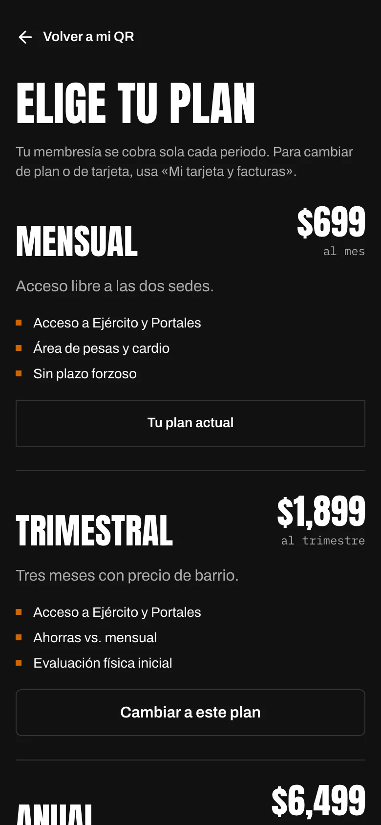 Planes del gym en la app: mensual, trimestral y anual, con lo que incluye cada uno