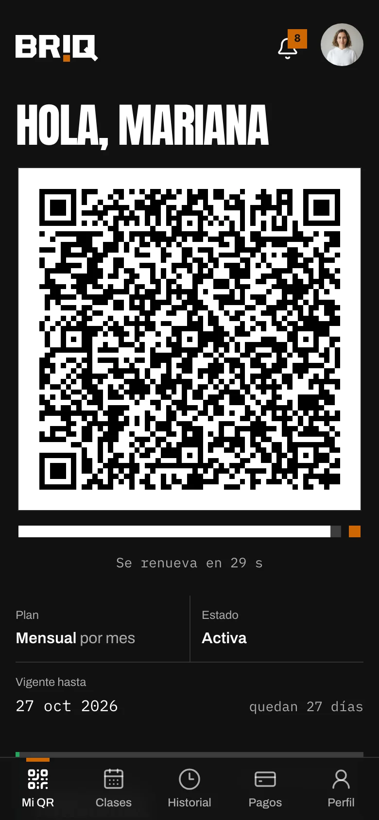 App del socio con su QR de acceso que se renueva cada 30 segundos, su plan y su vigencia